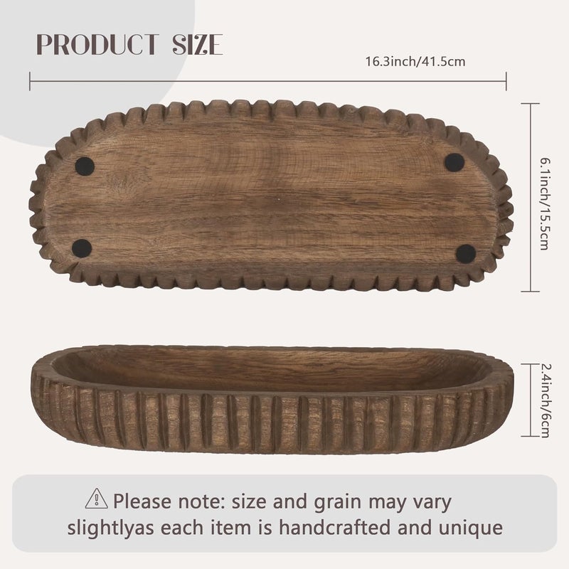 Oakrain Wooden Decorative Bowl for Home Decor, 16" Rustic Dough Bowl with Hand Carved Vertical Stripes, Long Wood Tray for Table Centerpieces, Brown - Image 2